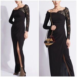 PRABAL Gurung Tirana Off The-Shoulder Jersey Lace Sleeve Maxi Dress in Black